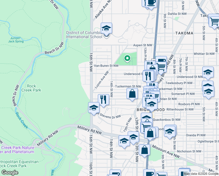 map of restaurants, bars, coffee shops, grocery stores, and more near 1404 Tuckerman Street Northwest in Washington