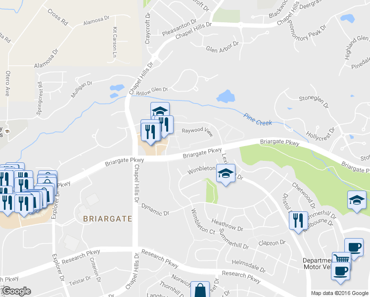 map of restaurants, bars, coffee shops, grocery stores, and more near 2562 Raywood View in Colorado Springs