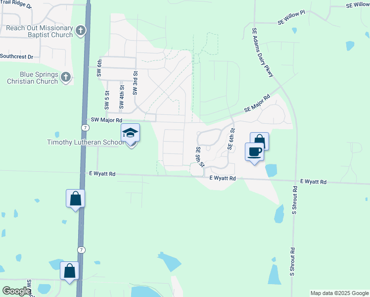 map of restaurants, bars, coffee shops, grocery stores, and more near 102 SW Rose St in Blue Springs
