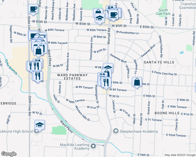 map of restaurants, bars, coffee shops, grocery stores, and more near 501 West 89th Street in Kansas City