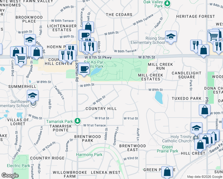 map of restaurants, bars, coffee shops, grocery stores, and more near 14616 West 90th Street in Lenexa