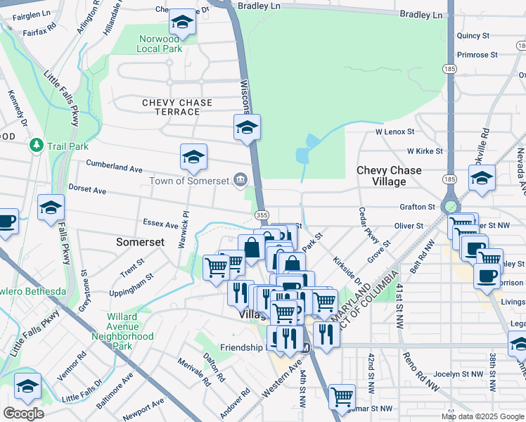 map of restaurants, bars, coffee shops, grocery stores, and more near Wisconsin Avenue in Chevy Chase