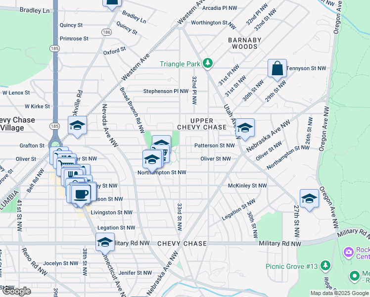 map of restaurants, bars, coffee shops, grocery stores, and more near 3252 Patterson Street Northwest in Washington