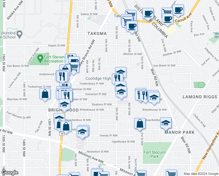 map of restaurants, bars, coffee shops, grocery stores, and more near 521 Tuckerman Street Northwest in Washington