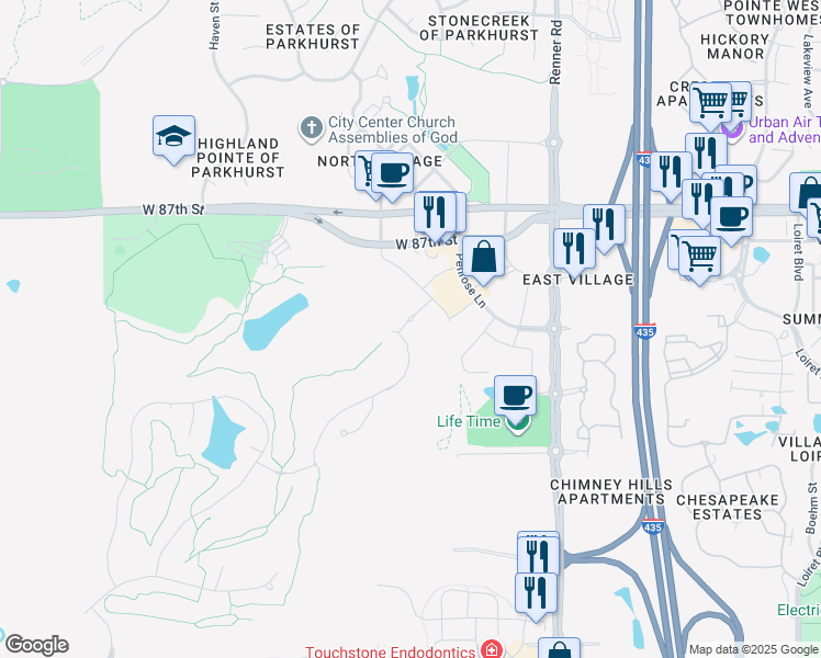 map of restaurants, bars, coffee shops, grocery stores, and more near 8915 Mill Creek Road in Lenexa