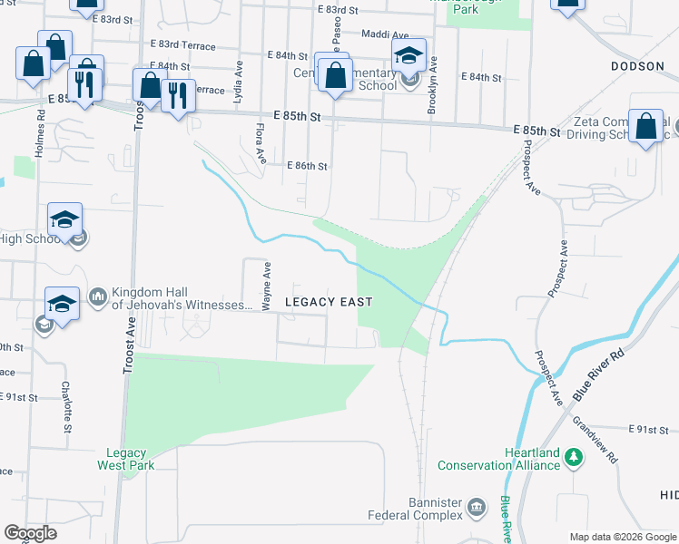 map of restaurants, bars, coffee shops, grocery stores, and more near 8800 Woodland Avenue in Kansas City