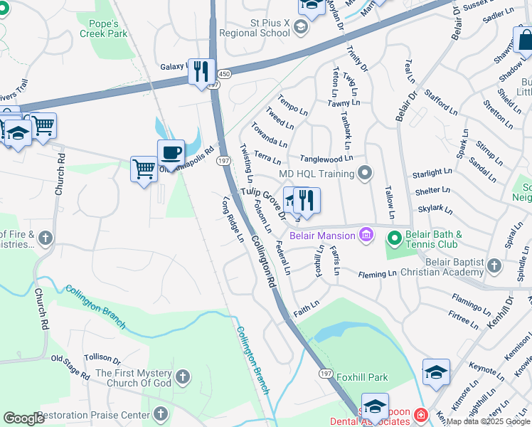 map of restaurants, bars, coffee shops, grocery stores, and more near 2811 Folsom Lane in Bowie