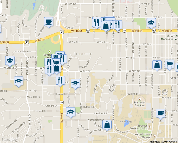 map of restaurants, bars, coffee shops, grocery stores, and more near 901 Avalon Road in Lawrence