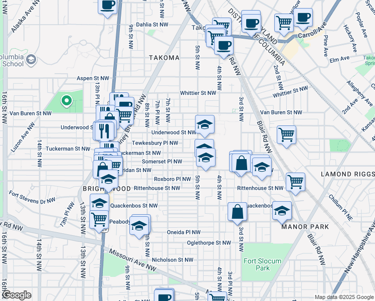 map of restaurants, bars, coffee shops, grocery stores, and more near 521 Tuckerman Street Northwest in Washington