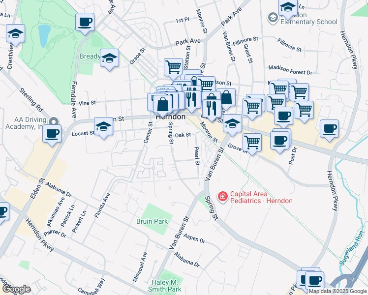 map of restaurants, bars, coffee shops, grocery stores, and more near 743 Florence Place in Herndon