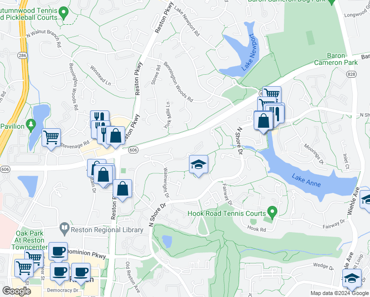 map of restaurants, bars, coffee shops, grocery stores, and more near 11618 Vantage Hill Road in Reston