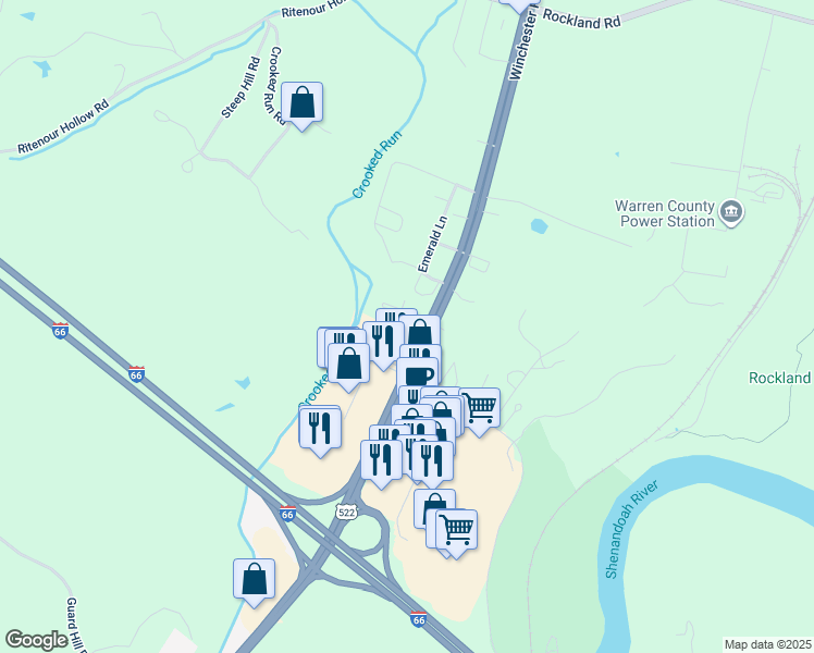 map of restaurants, bars, coffee shops, grocery stores, and more near The Hill in Front Royal