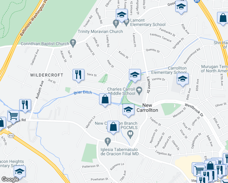 map of restaurants, bars, coffee shops, grocery stores, and more near 7411 Farmcrest Drive in New Carrollton