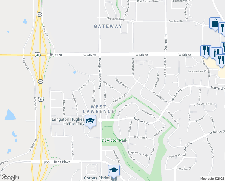 map of restaurants, bars, coffee shops, grocery stores, and more near 5831 Simple Lane in Lawrence