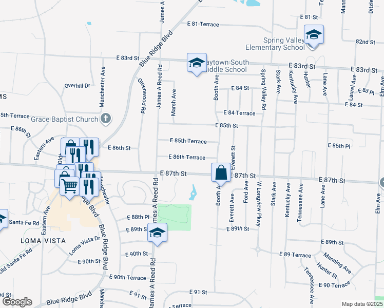 map of restaurants, bars, coffee shops, grocery stores, and more near 8402 East 86th Terrace in Raytown