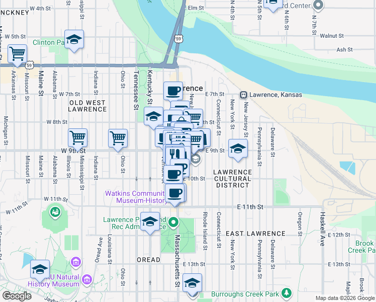 map of restaurants, bars, coffee shops, grocery stores, and more near 901 New Hampshire Street in Lawrence