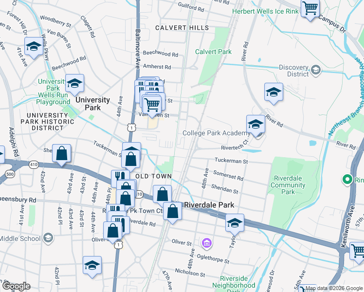 map of restaurants, bars, coffee shops, grocery stores, and more near 4710 Wells Run Pl in Riverdale Park
