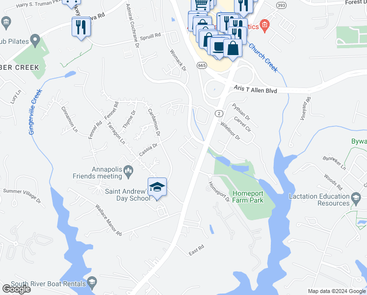 map of restaurants, bars, coffee shops, grocery stores, and more near 402 Lightship Landing Way in Cape Saint Claire
