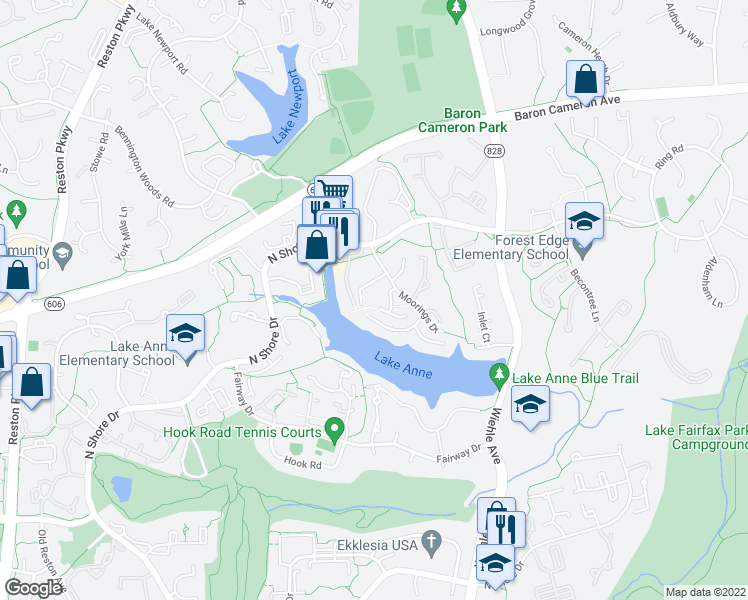 map of restaurants, bars, coffee shops, grocery stores, and more near 1560 Moorings Drive in Reston