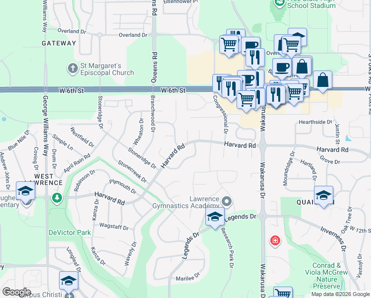 map of restaurants, bars, coffee shops, grocery stores, and more near 1009 Summerfield Way in Lawrence