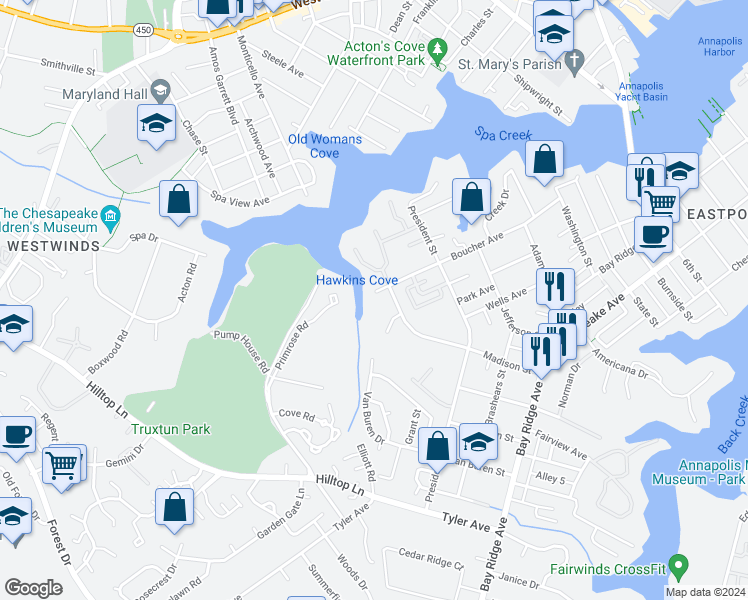 map of restaurants, bars, coffee shops, grocery stores, and more near 1227 Boucher Avenue in Annapolis