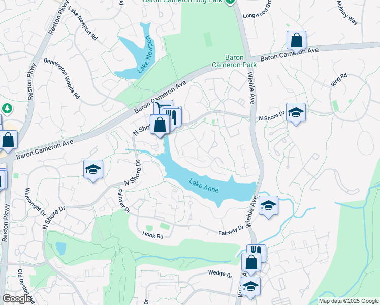 map of restaurants, bars, coffee shops, grocery stores, and more near 1560 Moorings Drive in Reston