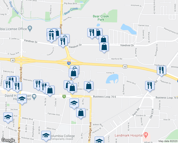 map of restaurants, bars, coffee shops, grocery stores, and more near 1508 Tupelo Place in Columbia