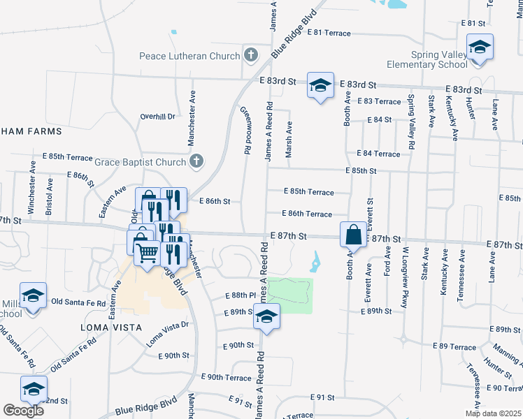 map of restaurants, bars, coffee shops, grocery stores, and more near 8630 James A Reed Road in Raytown