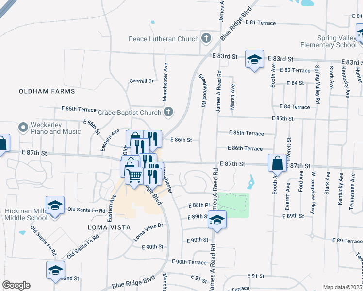 map of restaurants, bars, coffee shops, grocery stores, and more near 7812 East 87th Street in Raytown