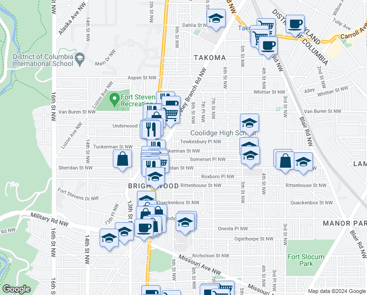 map of restaurants, bars, coffee shops, grocery stores, and more near 817 Tuckerman Street Northwest in Washington