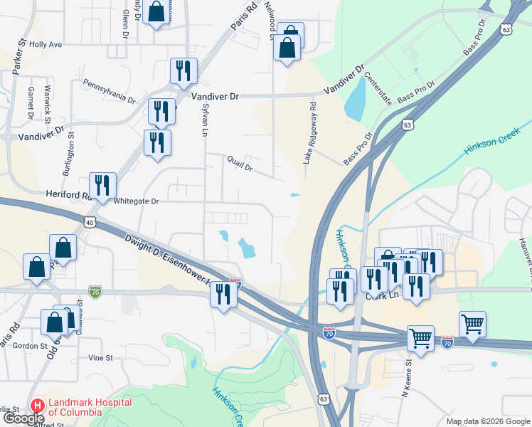 map of restaurants, bars, coffee shops, grocery stores, and more near 2624 Whitegate Drive in Columbia