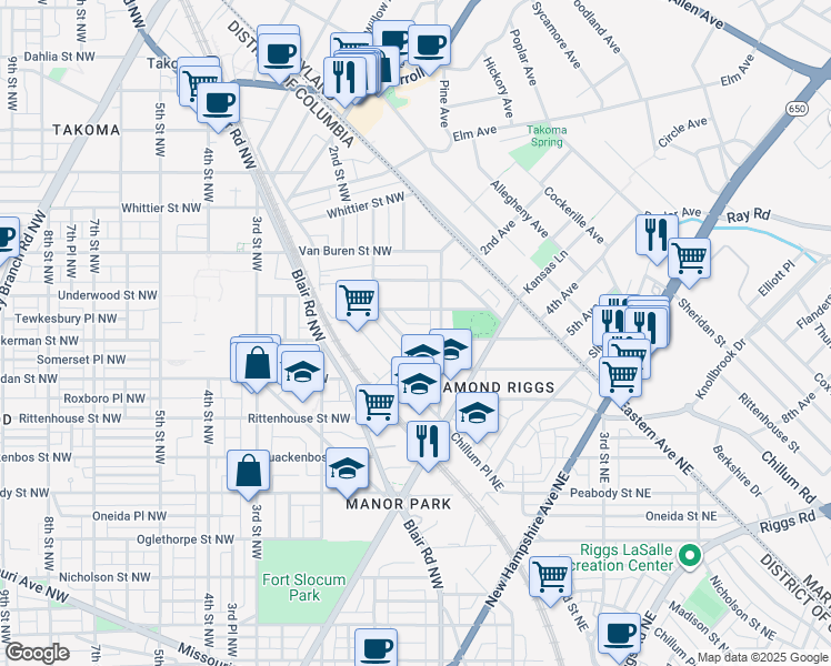 map of restaurants, bars, coffee shops, grocery stores, and more near 31 Tuckerman Street Northwest in Washington