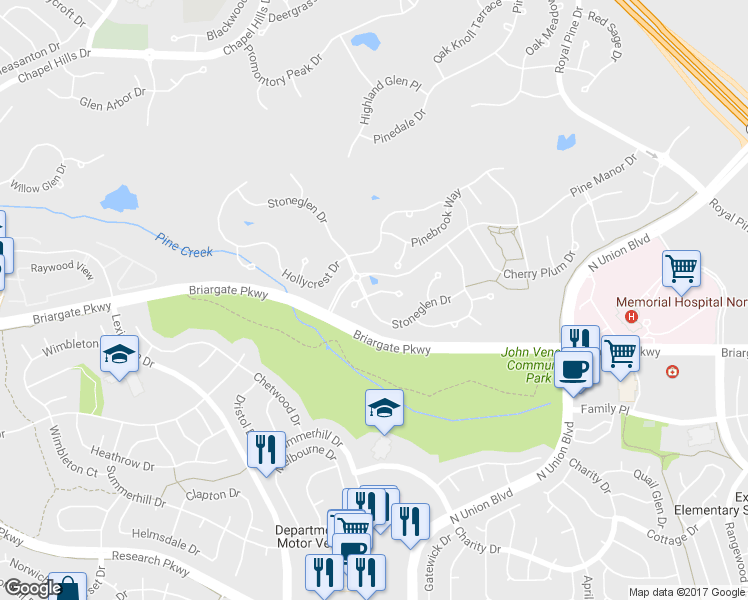 map of restaurants, bars, coffee shops, grocery stores, and more near 3215 Greenmoor Court in Colorado Springs