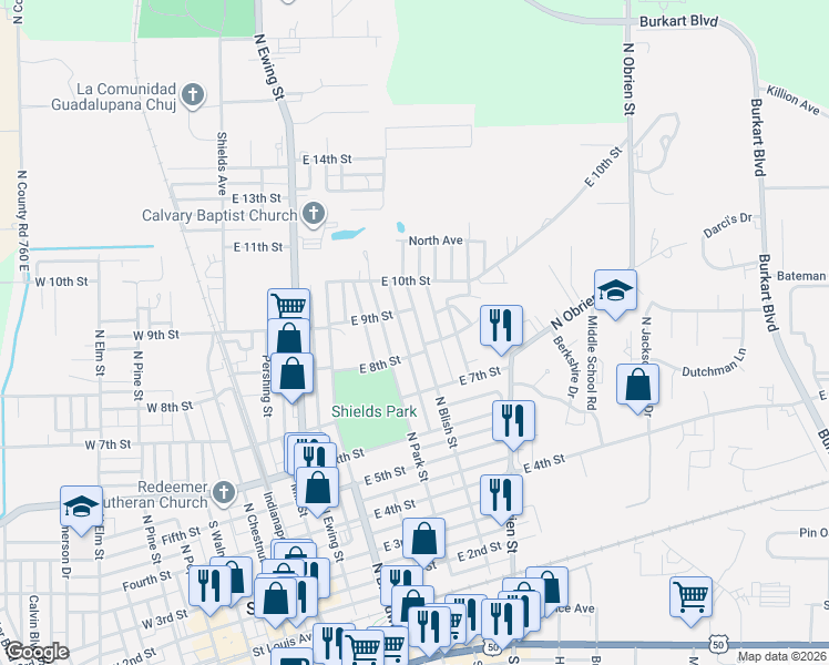 map of restaurants, bars, coffee shops, grocery stores, and more near 800 North Block Blish Street in Seymour
