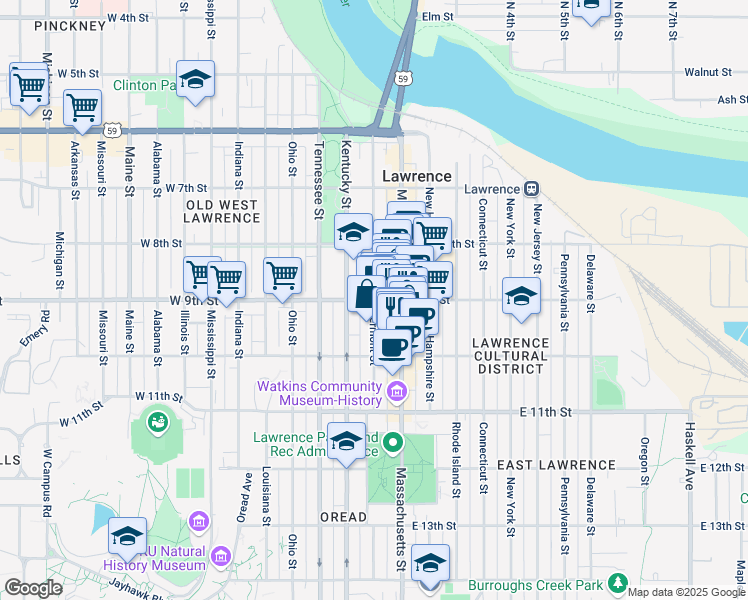 map of restaurants, bars, coffee shops, grocery stores, and more near in Lawrence