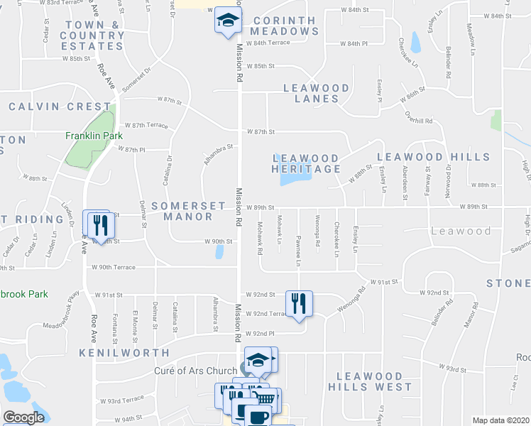 map of restaurants, bars, coffee shops, grocery stores, and more near 8901 Mohawk Road in Leawood