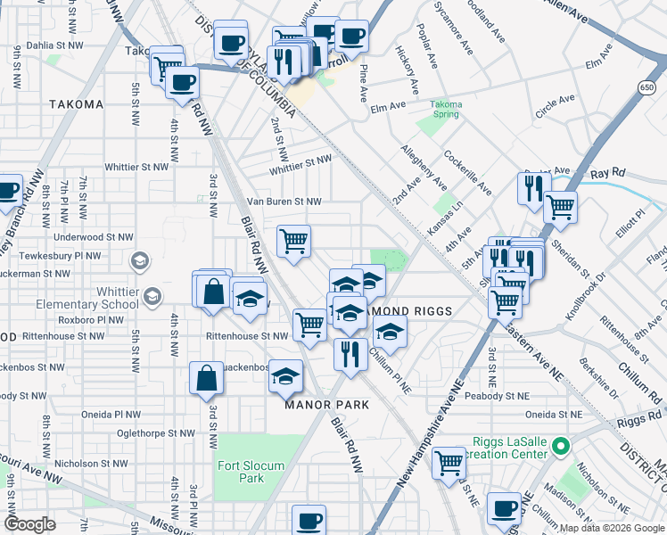 map of restaurants, bars, coffee shops, grocery stores, and more near 41 Tuckerman Street Northwest in Washington