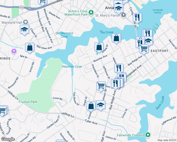 map of restaurants, bars, coffee shops, grocery stores, and more near 22 Boucher Place in Annapolis