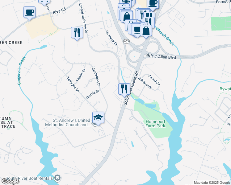 map of restaurants, bars, coffee shops, grocery stores, and more near 402 Lightship Landing Way in Cape Saint Claire