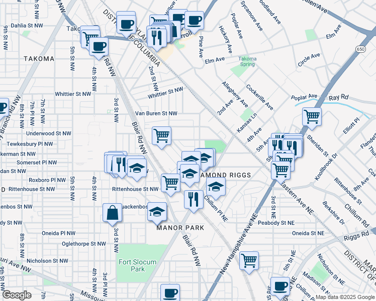 map of restaurants, bars, coffee shops, grocery stores, and more near 31 Tuckerman Street Northwest in Washington