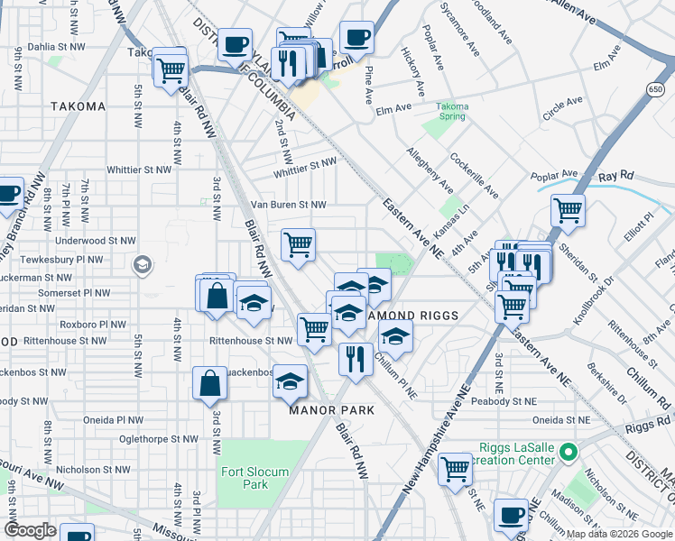 map of restaurants, bars, coffee shops, grocery stores, and more near 41 Tuckerman Street Northwest in Washington