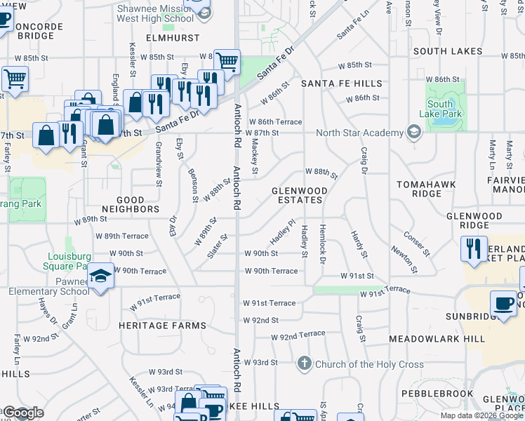 map of restaurants, bars, coffee shops, grocery stores, and more near 8508 West 89th Street in Overland Park