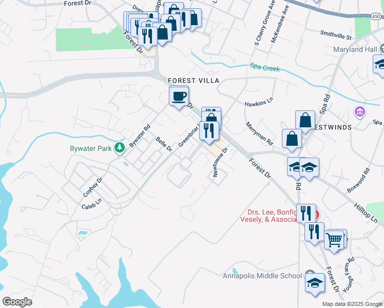 map of restaurants, bars, coffee shops, grocery stores, and more near 614 South Cherry Grove Avenue in Annapolis
