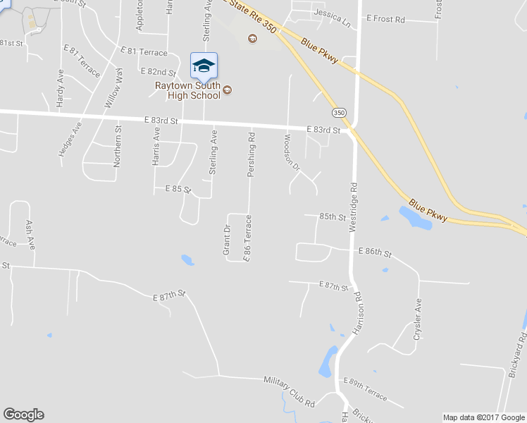 map of restaurants, bars, coffee shops, grocery stores, and more near 8505 Pershing Road in Raytown