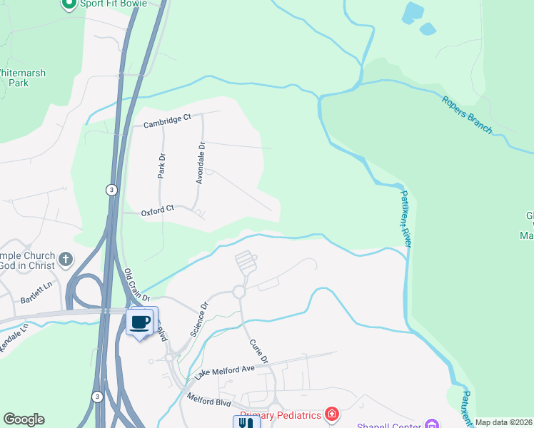 map of restaurants, bars, coffee shops, grocery stores, and more near 16525 Abbey Drive in Bowie