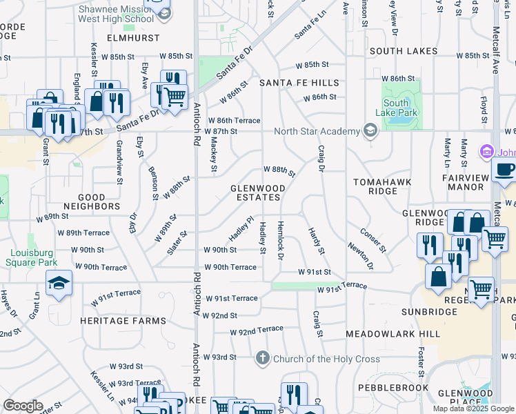 map of restaurants, bars, coffee shops, grocery stores, and more near 8908 Hadley Place in Overland Park