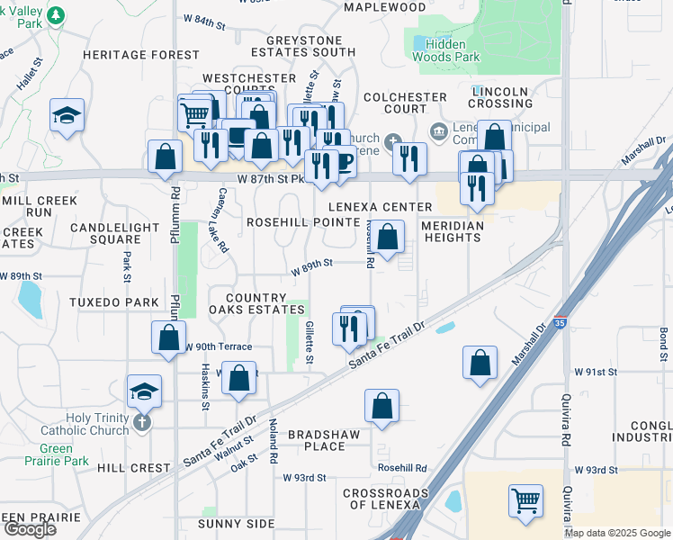 map of restaurants, bars, coffee shops, grocery stores, and more near 8906 Rosehill Road in Lenexa