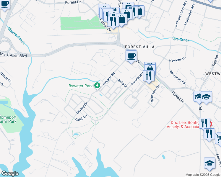 map of restaurants, bars, coffee shops, grocery stores, and more near Annapolis Walk Drive in Annapolis