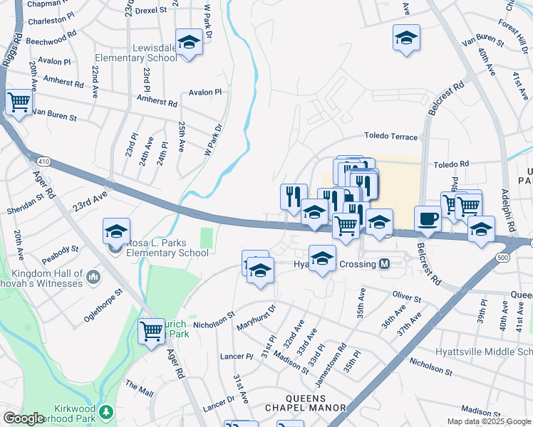 map of restaurants, bars, coffee shops, grocery stores, and more near 3300 East-West Highway in Hyattsville