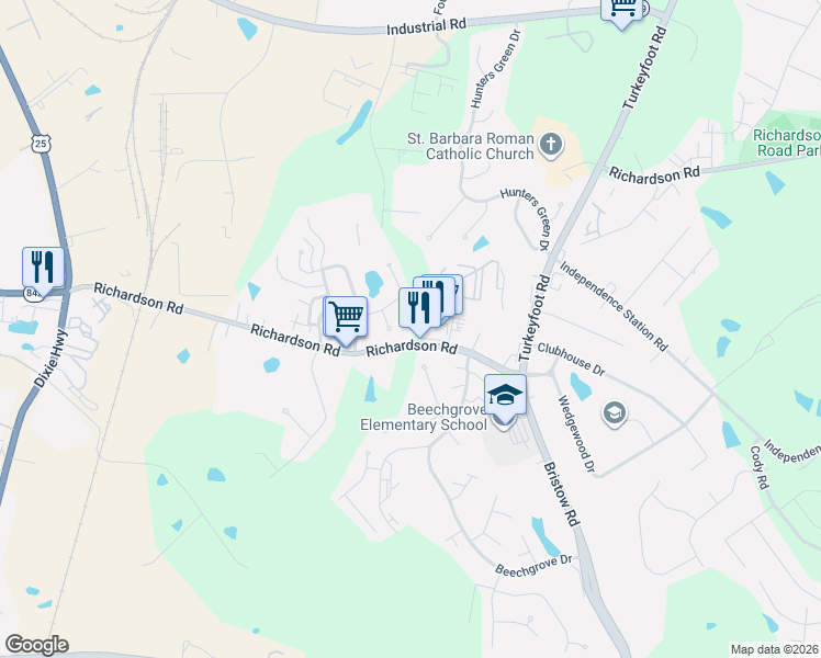 map of restaurants, bars, coffee shops, grocery stores, and more near 4205 Richardson Road in Independence